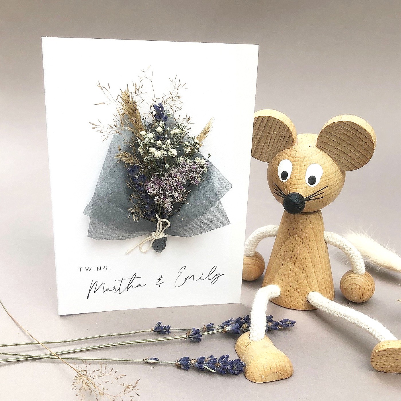 Twins New Baby Dried Flower Bouquet Card